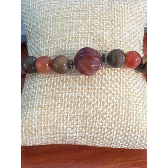 Vintage Sterling Silver Red Carnelian Bead Bracelet Center Swirl Estate 8" - Picture 2 of 5